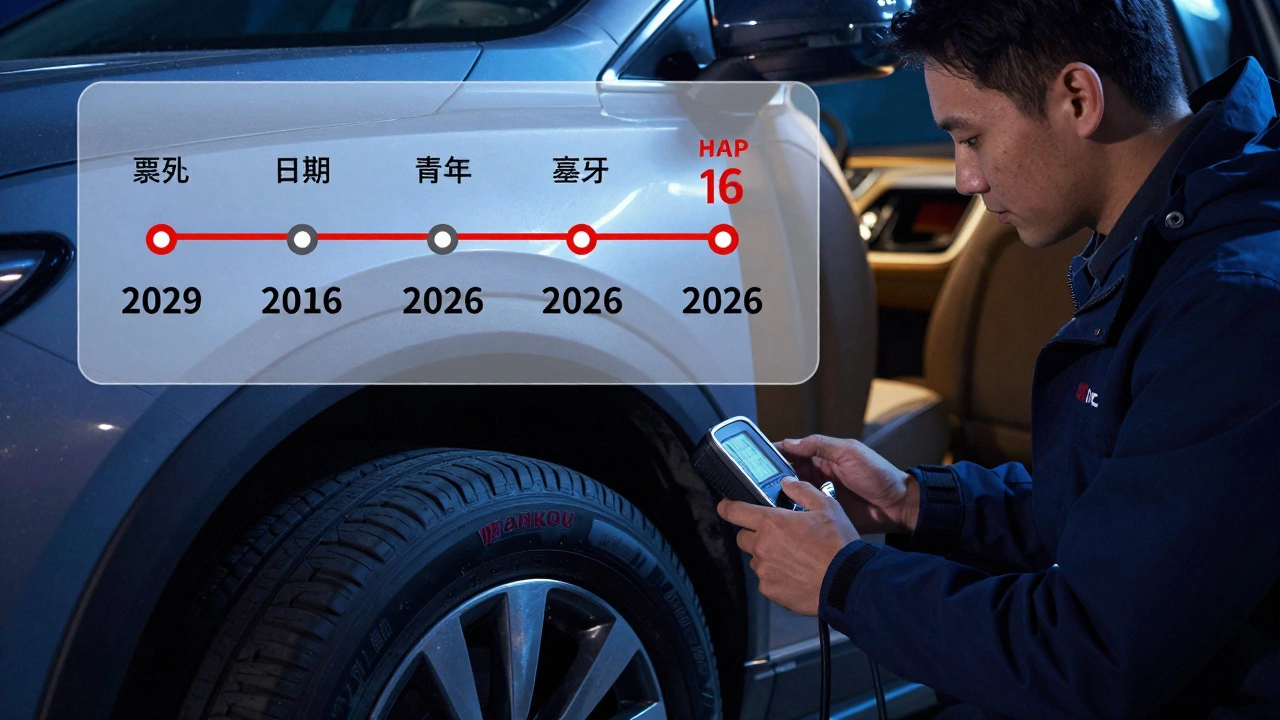 Водитель проверяет давление в шинах Hankook ночью, на фоне временной шкалы старения.