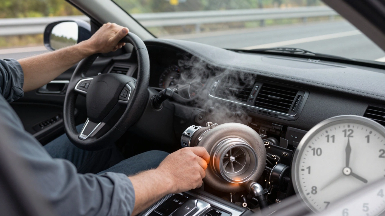 Водитель ждёт перед выключением двигателя после поездки, пар едва виден из-под капота.