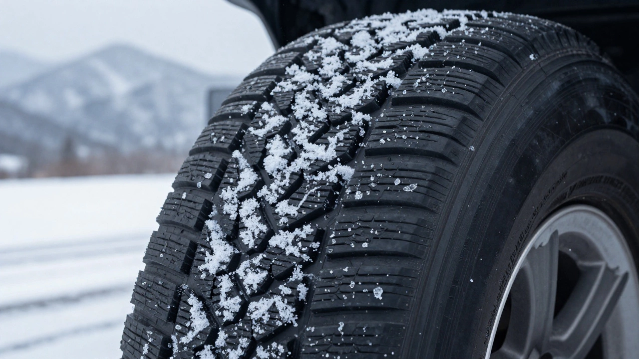 Зимняя шина Hankook Winter i*cept Evo3 в снегу с видимыми следами износа и трещинами на боковине.